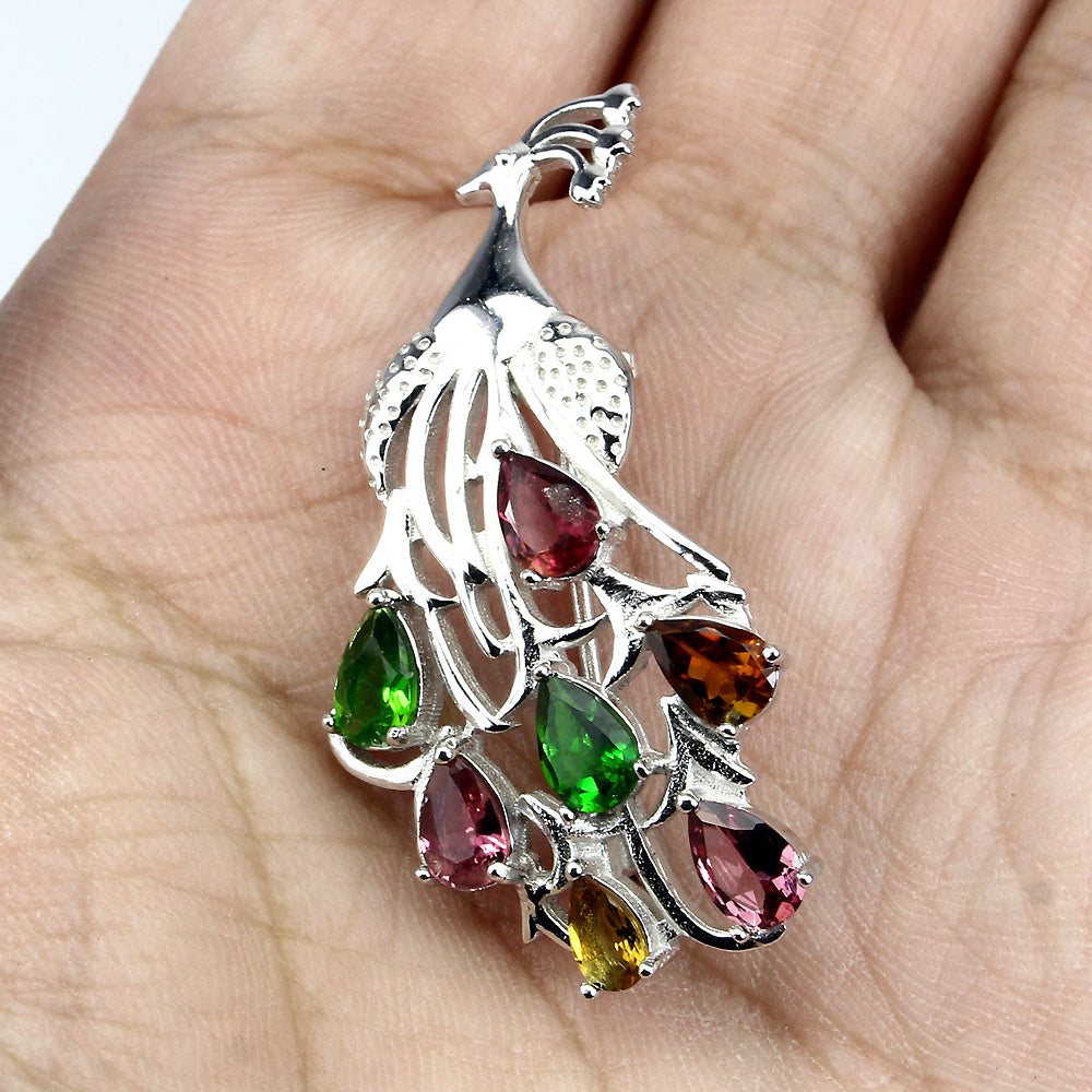 Tourmaline Russian Diopside Peacock Brooch