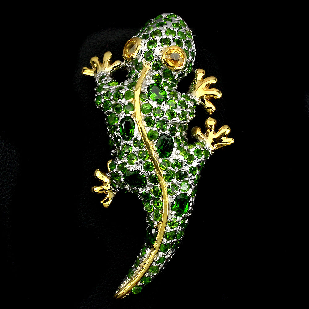 Saphir Chromdiopsid Gecko Brosche Silber bicolor vergoldet - INARA - Vorderansicht