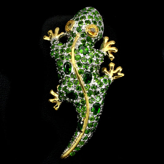 Saphir Chromdiopsid Gecko Brosche Silber bicolor vergoldet - INARA - Vorderansicht