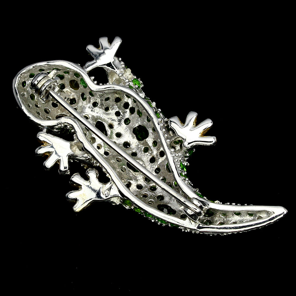Saphir Chromdiopsid Gecko Brosche Silber bicolor vergoldet - INARA - Rückansicht