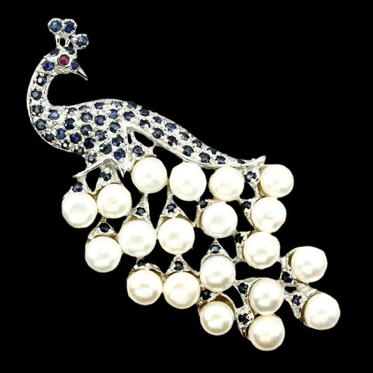 Saphir Rubin Perle Pfau Brosche Silber weißvergoldet - INARA