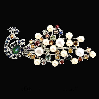 Schwarzer Opal Saphir Zirkon Perle Pfau Brosche Silber weißvergoldet - INARA - Vorderansicht