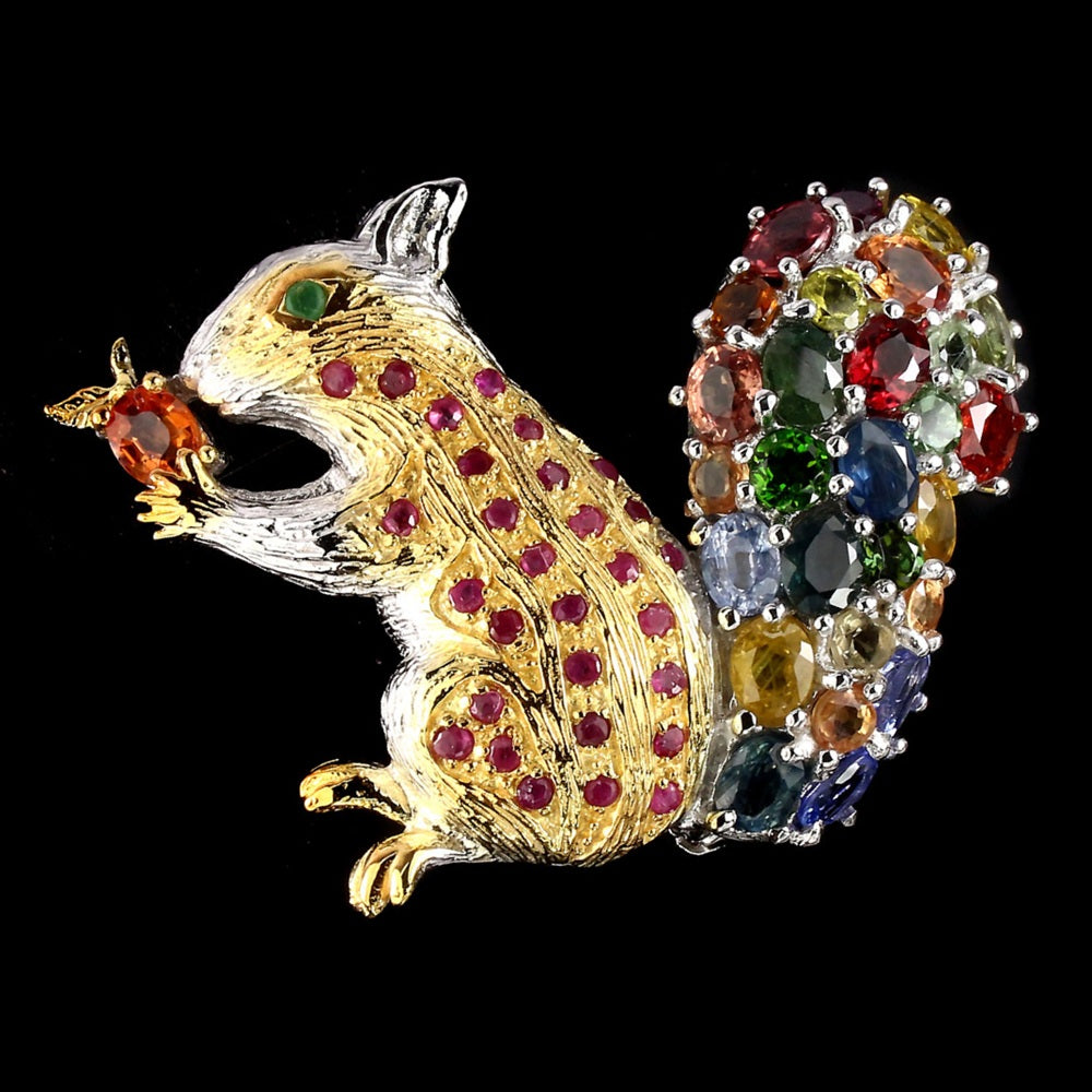 Rubin Smaragd Saphir Tansanit Eichhörnchen Brosche aus bicolor vergoldetem Silber - NARA