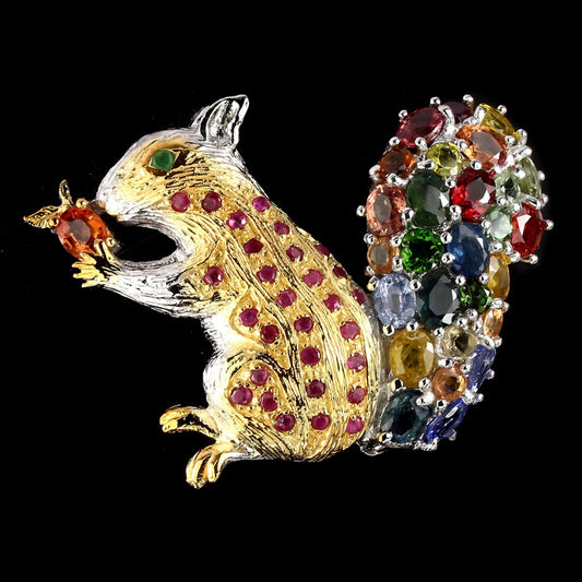 Rubin Smaragd Saphir Tansanit Eichhörnchen Brosche aus bicolor vergoldetem Silber - NARA
