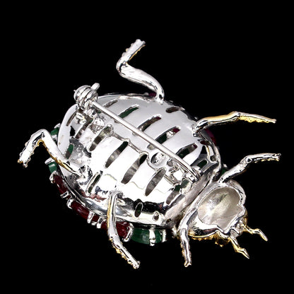 Smaragd Rubin Käfer Brosche Silber vergoldet - INARA - Rückansicht