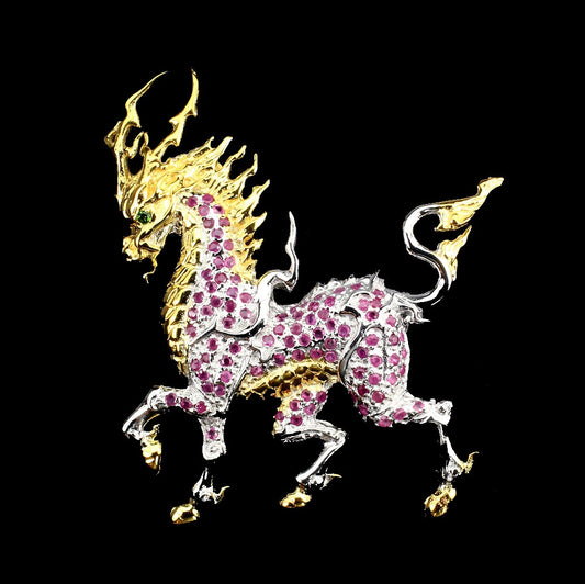 Ruby Russian Diopside Dragon Horse Brooch