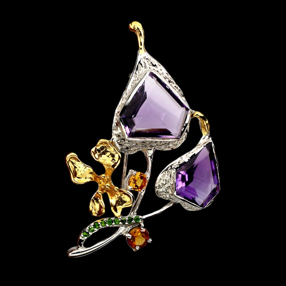 Handgearbeitete Amethyst Citrin Russischer Diopsid Brosche aus bicolor vergoldetem Silber - INARA