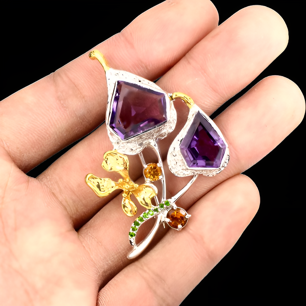 Handgearbeitete Amethyst Citrin Russischer Diopsid Brosche aus bicolor vergoldetem Silber - INARA