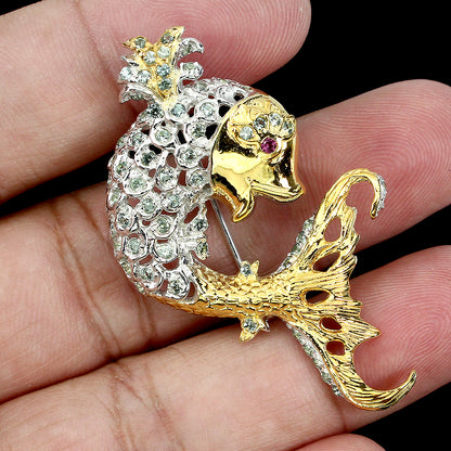 Saphir Rhodolit Fisch Brosche Silber bicolor vergoldet - INARA - Detailansicht