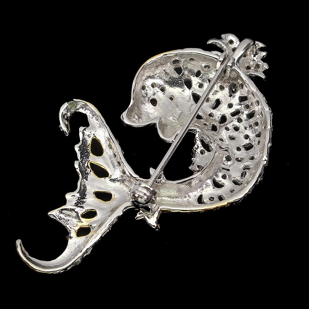 Saphir Rhodolit Fisch Brosche Silber bicolor vergoldet - INARA - Rückansicht