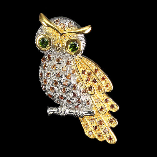 Saphir Russischer Diopsid Eule Brosche Silber vergoldet - INARA