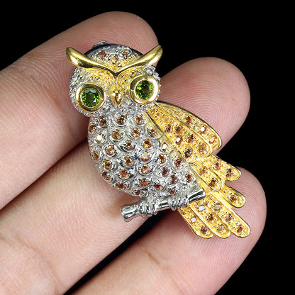 Saphir Russischer Diopsid Eule Brosche Silber vergoldet - INARA