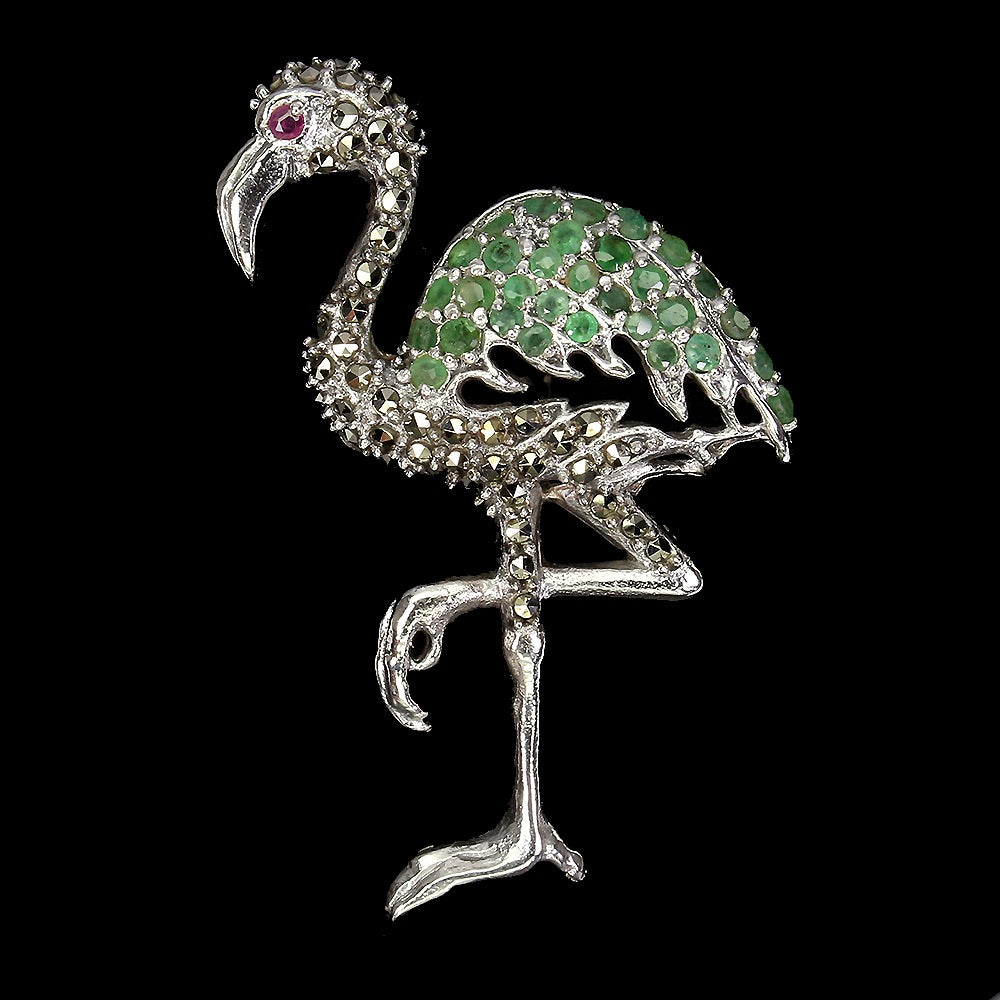 Smaragd Rubin Markasit Flamingo Brosche