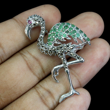 Smaragd Rubin Markasit Flamingo Brosche