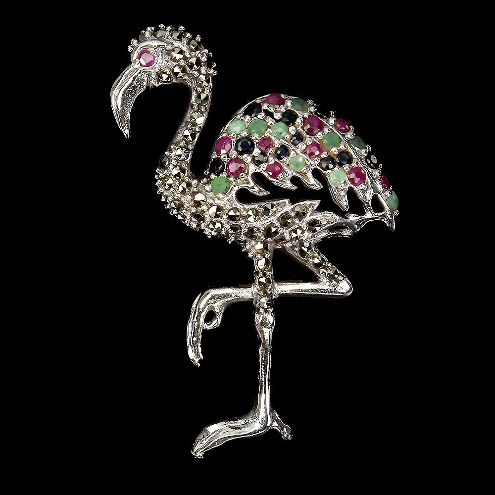 Rubin Smaragd Saphir Markasit Pelikan Brosche aus Silber - INARA