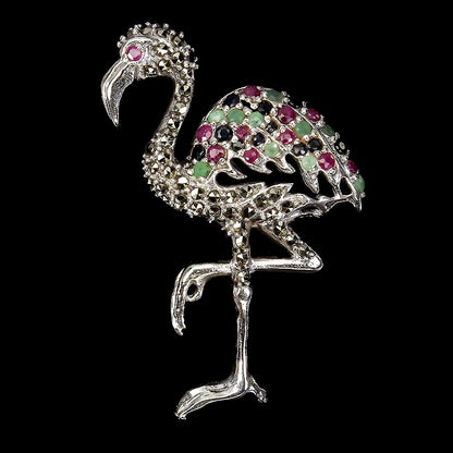 Rubin Smaragd Saphir Markasit Pelikan Brosche aus Silber - INARA