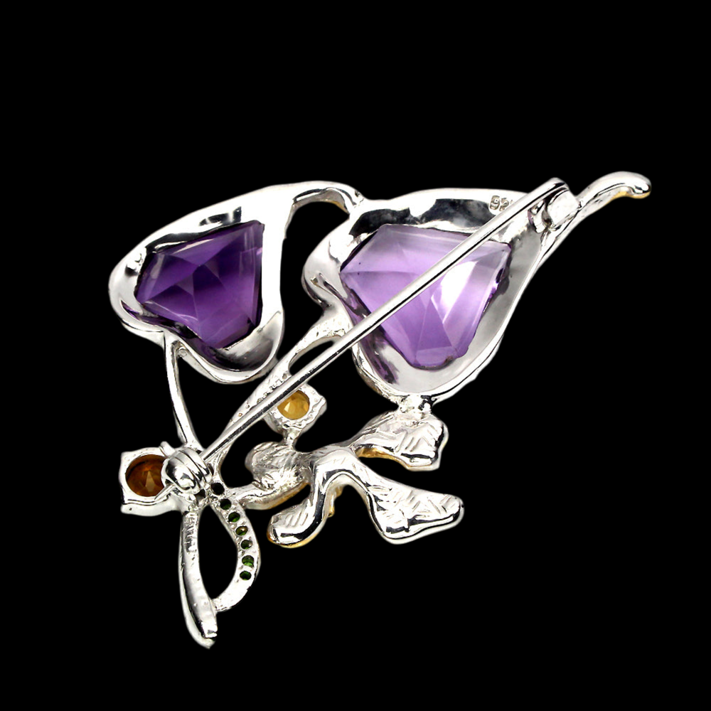 Handgearbeitete Amethyst Citrin Russischer Diopsid Brosche aus bicolor vergoldetem Silber - INARA