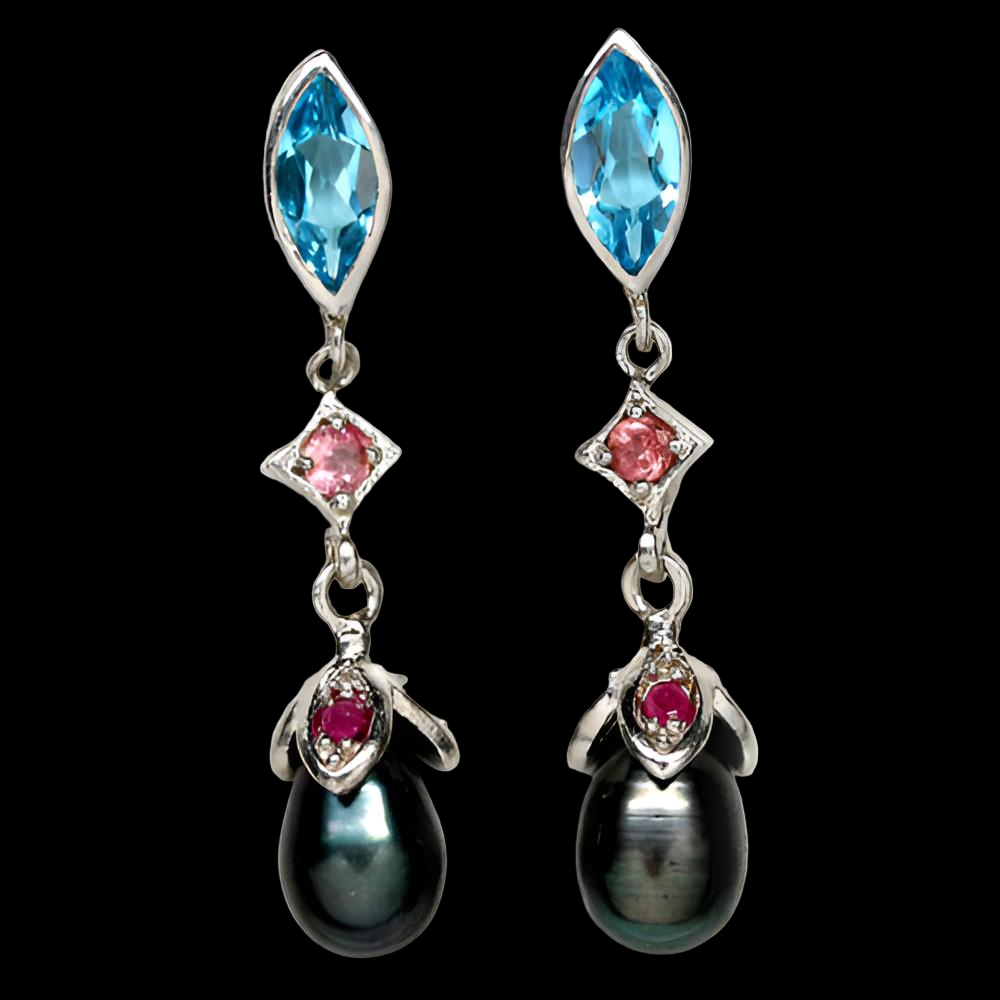 Blautopas Turmalin Rubin Perle Ohrringe Silber weißvergoldet - INARA