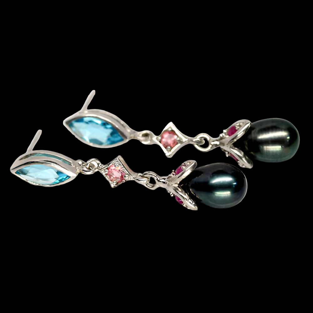 Blautopas Turmalin Rubin Perle Ohrringe Silber weißvergoldet - INARA