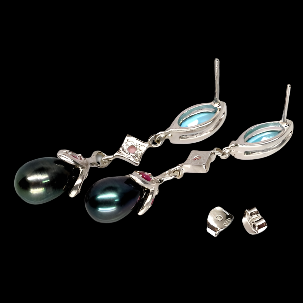 Blautopas Turmalin Rubin Perle Ohrringe Silber weißvergoldet - INARA