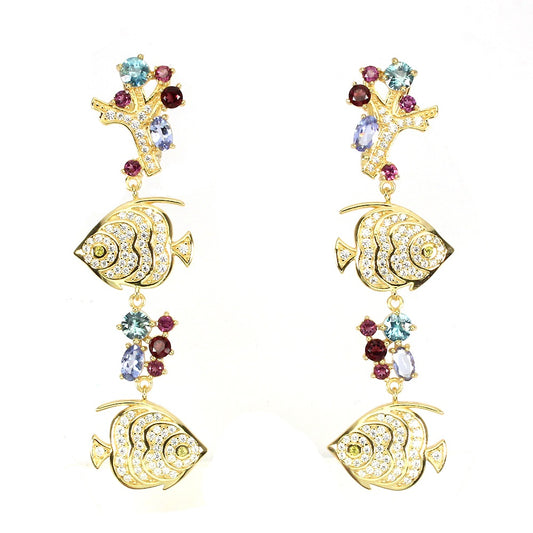 Zircon Rhodolite Tanzanite Fish Earrings