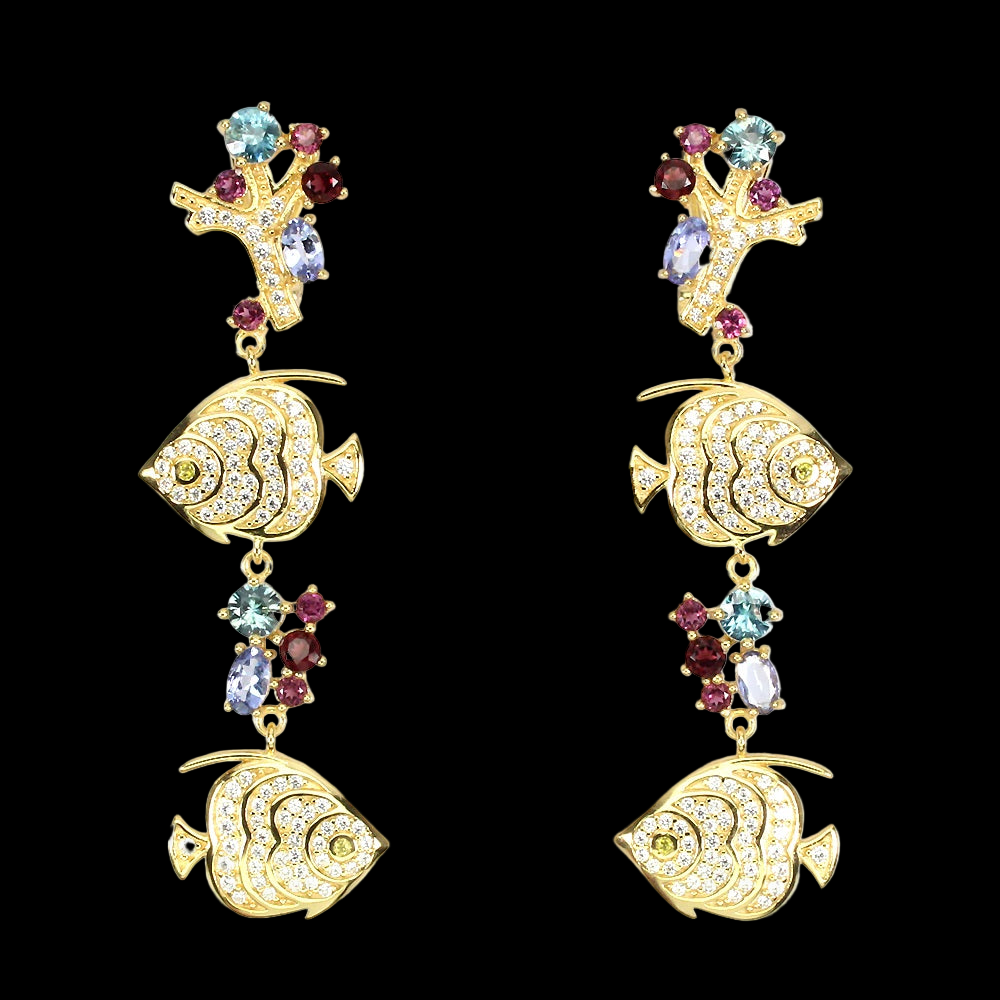 Zirkon Rhodolit Tansanit Fisch Ohringe Silber vergoldet - INARA