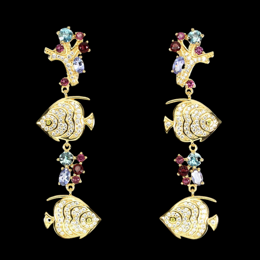 Zirkon Rhodolit Tansanit Fisch Ohringe Silber vergoldet - INARA