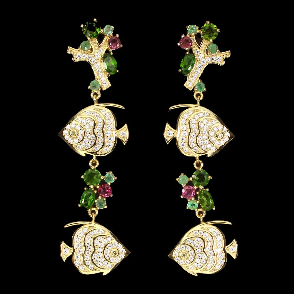 Chromdiopsid Smaragd Turmalin Ohrringe aus gelbvergoldetem Silber - INARA