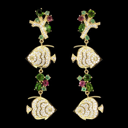 Chromdiopsid Smaragd Turmalin Ohrringe aus gelbvergoldetem Silber - INARA