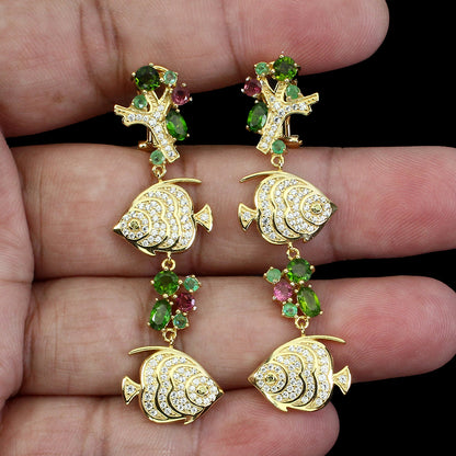 Chromdiopsid Smaragd Turmalin Ohrringe aus gelbvergoldetem Silber - INARA