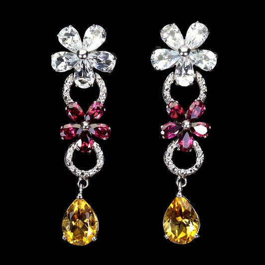 Citrine Aquamarine Rhodolite Earrings