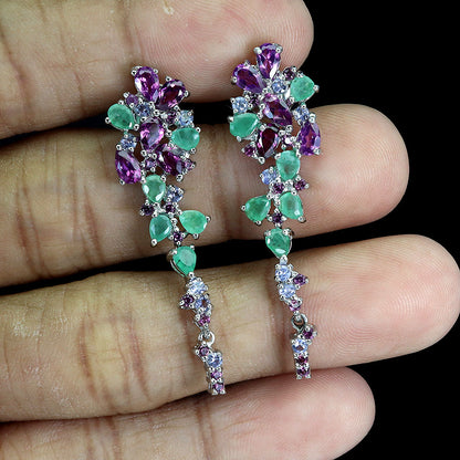 Boucles d'Oreilles Emeraude Rhodolite Tanzanite