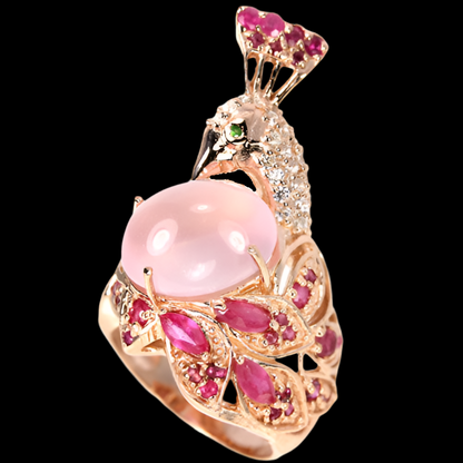 Anillo pavo real tsavorita, rubí cuarzo rosa talla 55