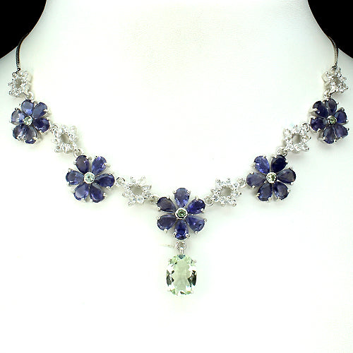 Iolith Prasiolith Weißtopas Collier aus weißvergoldetem Silber - INARA