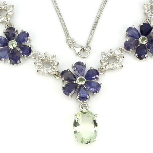 Iolith Prasiolith Weißtopas Collier aus weißvergoldetem Silber - INARA