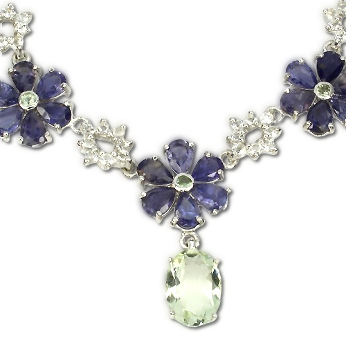 Iolith Prasiolith Weißtopas Collier aus weißvergoldetem Silber - INARA