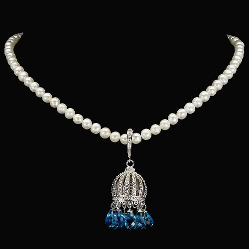 Blautopas Perle Krone Collier Silber weißvergoldet - INARA- Vorderansicht