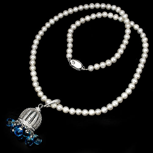Blautopas Perle Krone Collier Silber weißvergoldet - INARA- Seitenansicht