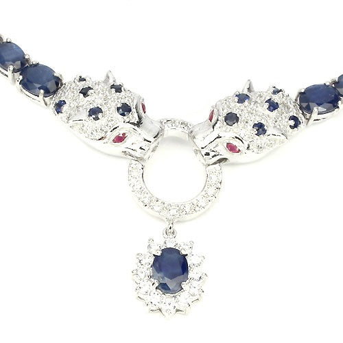 Saphir Rubin Raubkatze Collier Silber weißvergoldet - INARA - Detailansicht 
