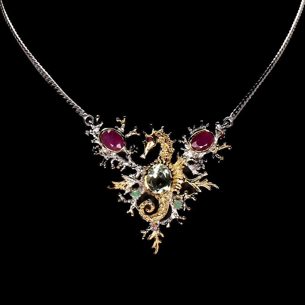 Prasiolith Rubin Smaragd Saphir Rhodolit Seepferdchen Collier - INARA