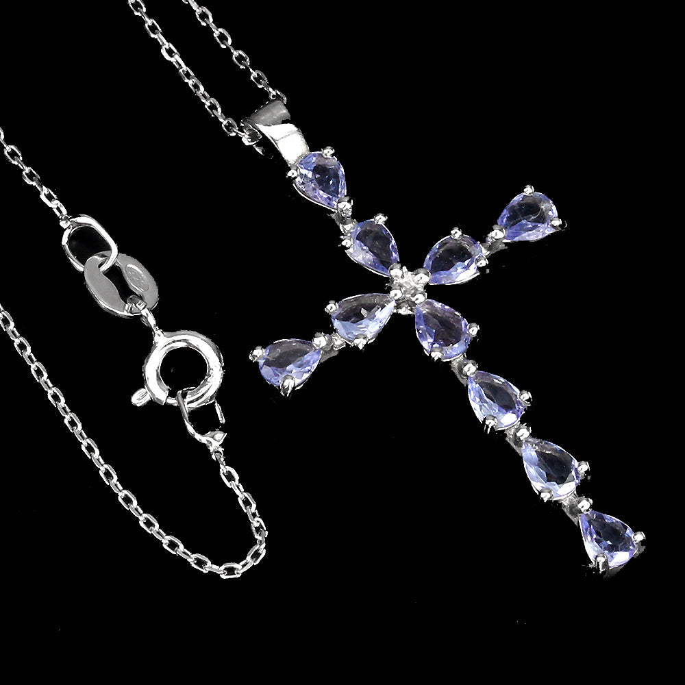 Tansanit Kreuz Anhänger mit Halskette Silber weißvergoldet - INARA