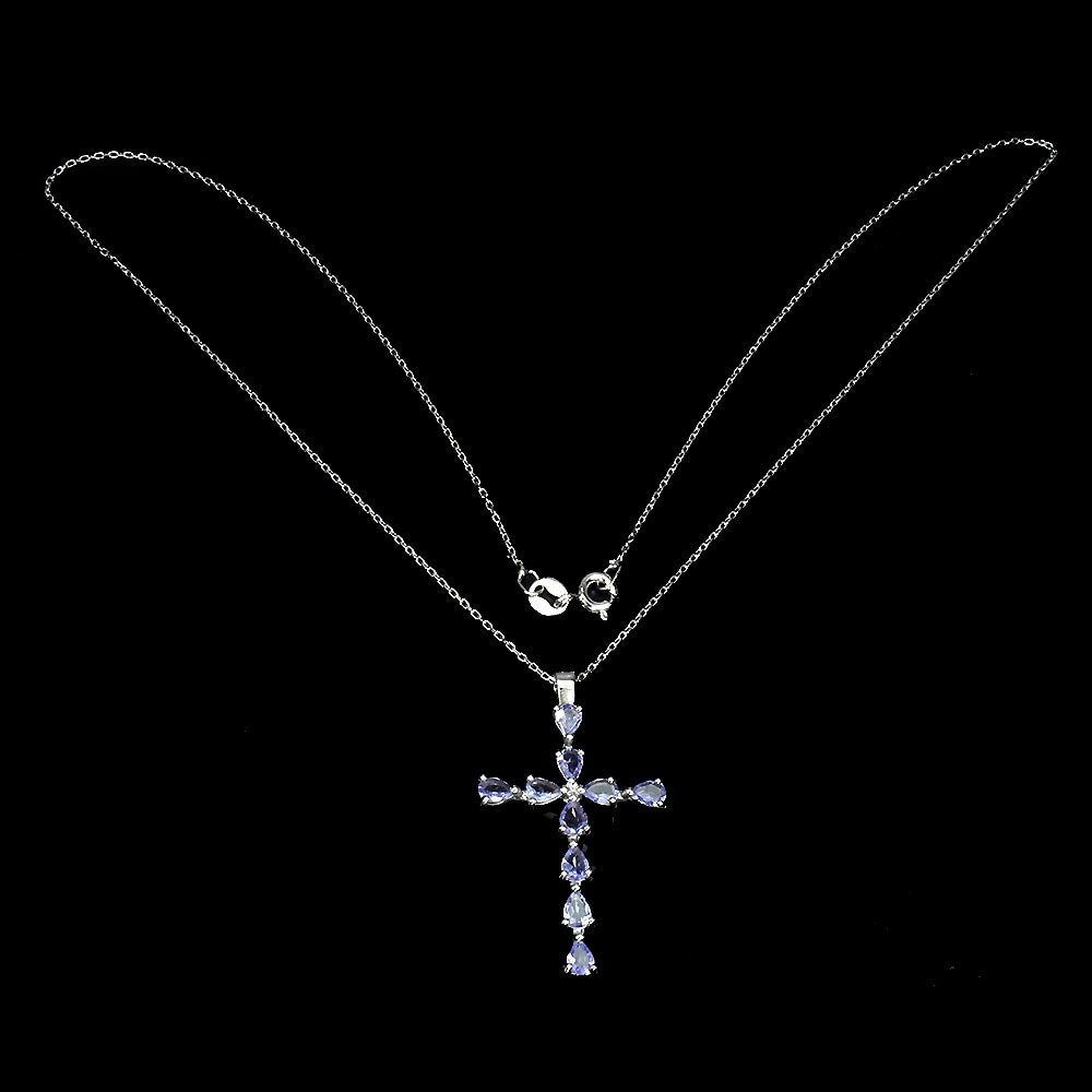 Tansanit Kreuz Anhänger mit Halskette Silber weißvergoldet - INARA