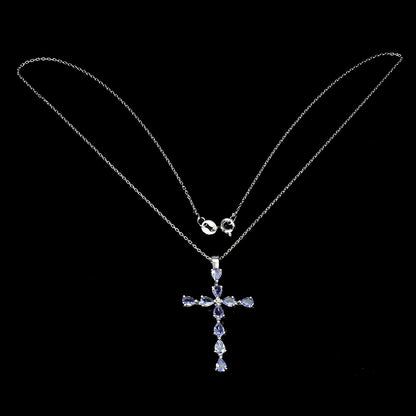 Tansanit Kreuz Anhänger mit Halskette Silber weißvergoldet - INARA