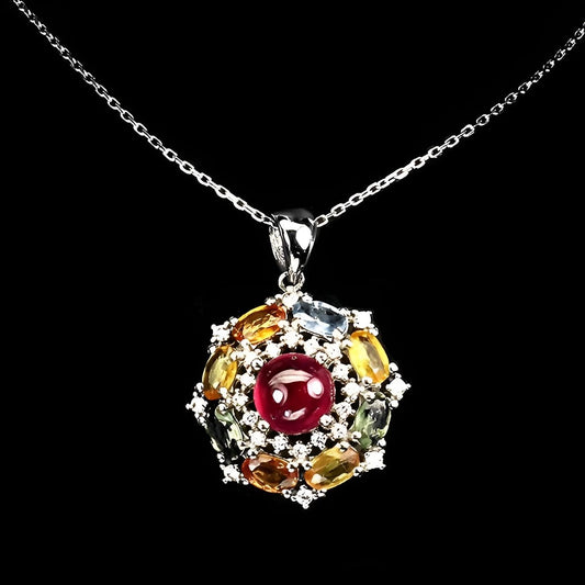 Rubin Saphir Anhänger mit Halskette aus weißvergoldetem Silber - INARA