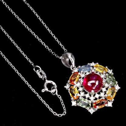 Rubin Saphir Anhänger mit Halskette aus weißvergoldetem Silber - INARA