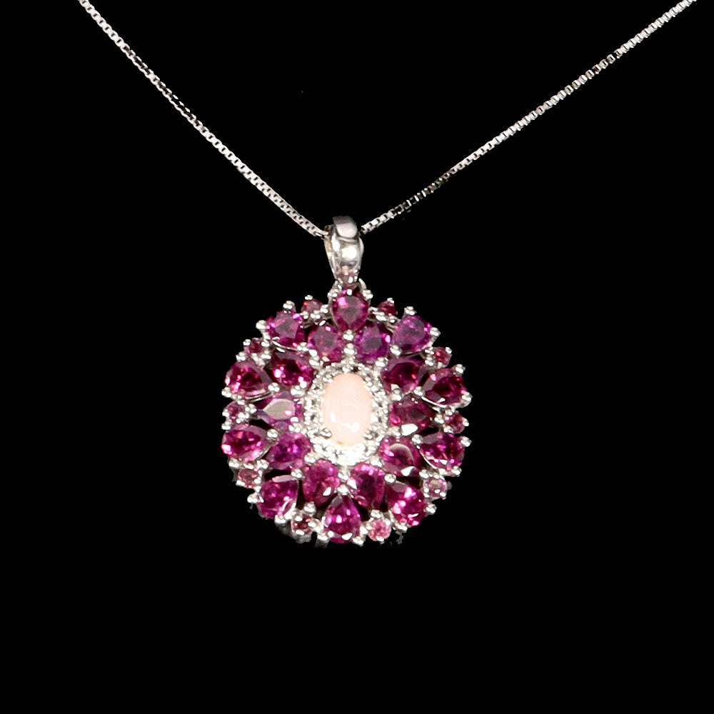 Opal Rhodolit Weißtopas Anhänger mit Halskette Silber weißvergoldet - INARA - Detailansicht