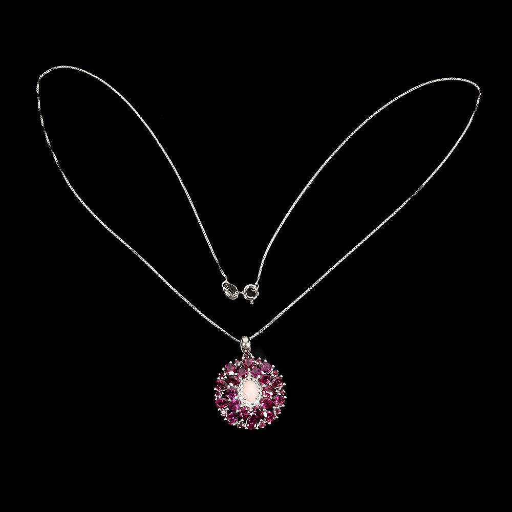 Opal Rhodolit Weißtopas Anhänger mit Halskette Silber weißvergoldet - INARA - Vorderansicht