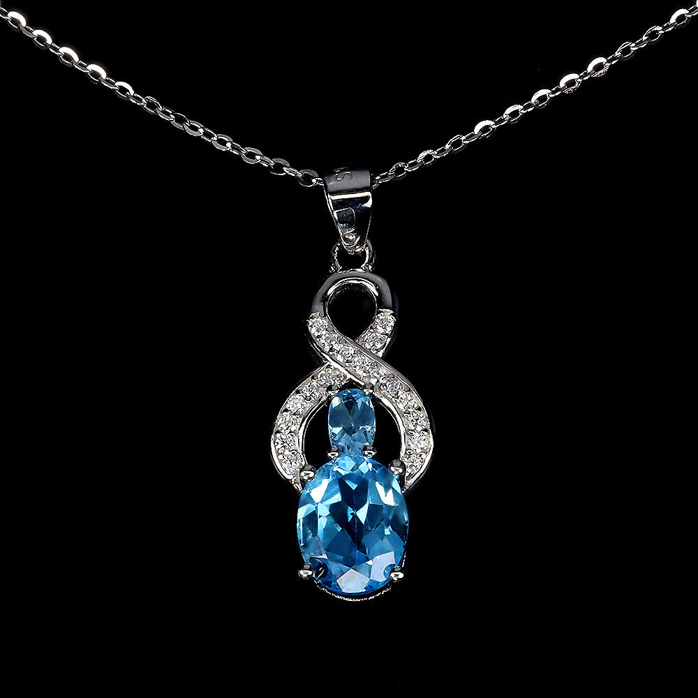 Blautopas Anhänger mit Halskette aus weißvergoldetem Silber - INARA