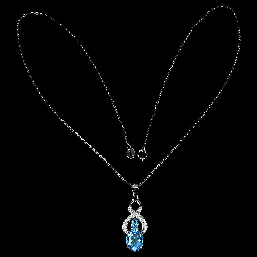 Blautopas Anhänger mit Halskette aus weißvergoldetem Silber - INARA