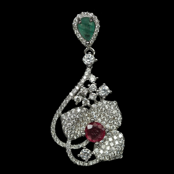 Smaragd Rubin Blume Anhänger Silber weißvergoldet - INARA